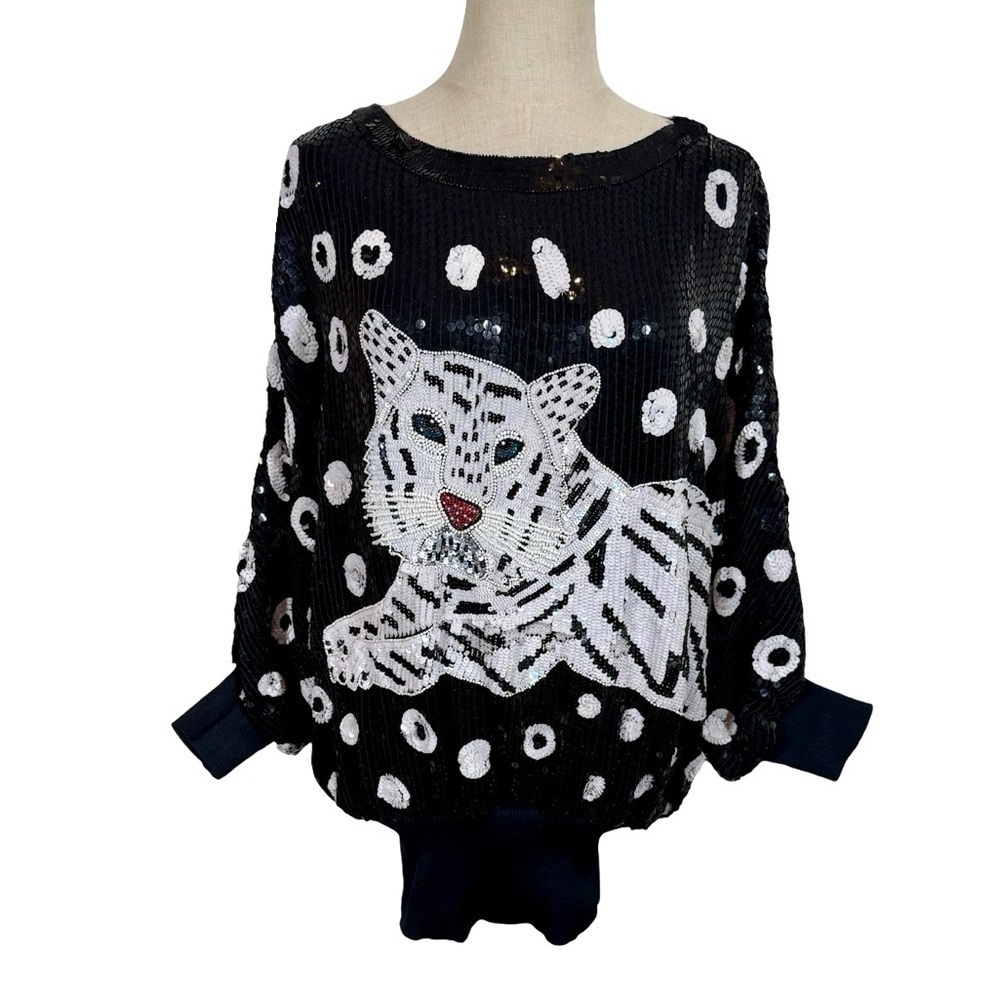 True Vintage 80s Sequin Beaded Tiger Top Dress Black Silk Batwing Sleeve - Picture 3 of 9